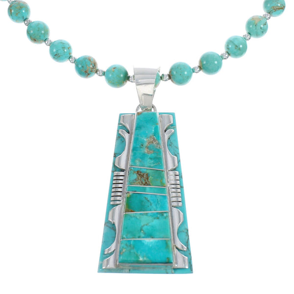 Native American Kingman Turquoise Inlay And Sterling Silver Navajo Bead Necklace And Pendant Set AX124788